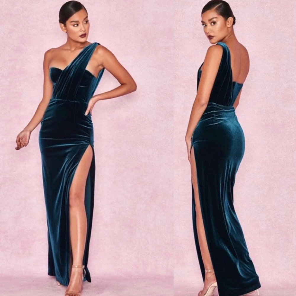 Teal Velvet One-Shoulder House of CB Dress